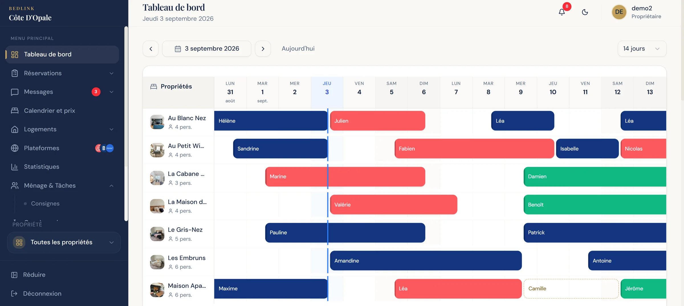 Le tableau de bord BedLink et son menu : réservations, clients, messages, calendrier et prix, logements, canaux, statistiques, ménage et tâches, conciergerie, inventaire, relevés propriétaires
