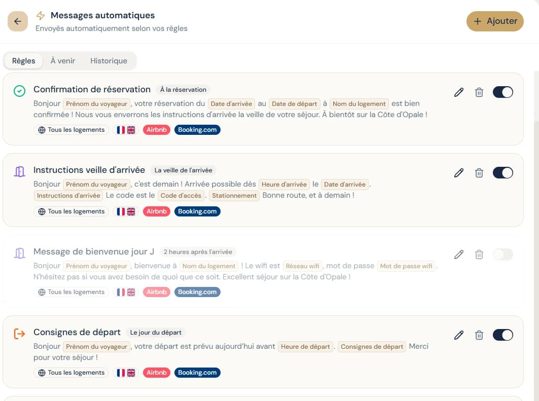 L’écran des messages automatiques de BedLink, avec les règles de déclenchement et les plateformes concernées
